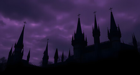 Obraz premium Dark gothic castle background. Black spires, moody purple sky, eerie atmosphere
