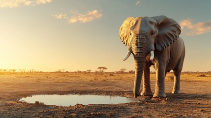 Fototapeta premium Elephant drinks at sunset, savanna background