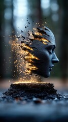 Artistic representation of a fragmented face amidst a mystical forest backdrop at dusk