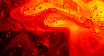 Bubbling molten glass background. Bright glowing amber and red swirls in a furnace