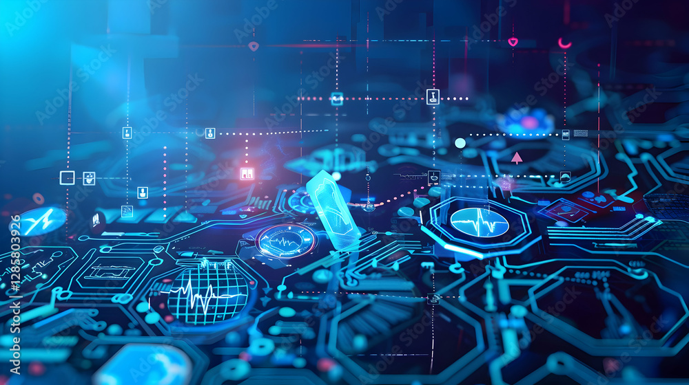 Poster futuristic technology interface with glowing elements and data visualization in a digital environmen