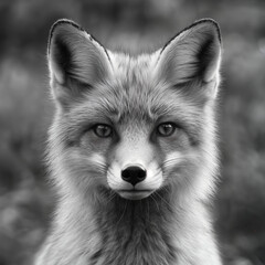 Naklejka premium The image is a black and white photograph of a fox, showcasing its distinct fur pattern, pointed ears, and facial features. The background is blurred, keeping the focus on the fox's face