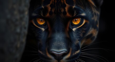 Fototapeta premium Close-up of a panther’s face half in shadow background. Mysterious expression with glowing amber eyes