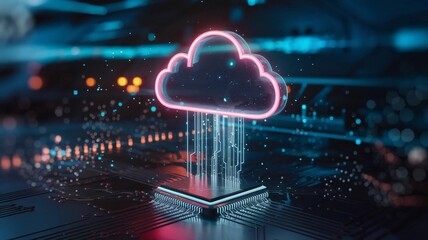 Digital Cloud Technology Representation with Data Streams and Glowing Circuitry.  IoT, Internet of Things, data transfer, cloud computing and smart city concept, 