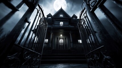 Naklejka premium Mysterious haunting encounter abandoned mansion digital art eerie night low angle spooky atmosphere