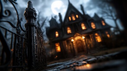 Fototapeta premium Mysterious night scene at haunted mansion eerie gates photography spooky atmosphere low angle horror concept