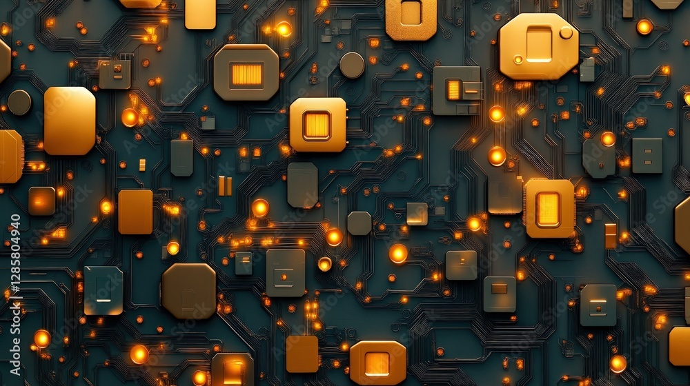 Poster Abstract Technology Background with Golden Circuit Elements