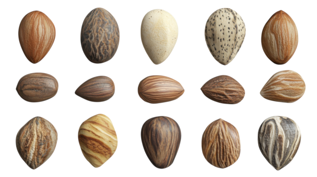 Natural collection of diverse seed forms and textures arranged in a grid on a neutral background showcasing their unique patterns and colors