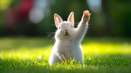 White rabbit is standing in a grassy field and waving its right hand. The scene is peaceful and serene, with the rabbit looking up at the camera