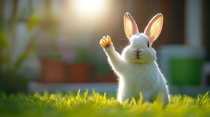 White rabbit is standing in a grassy field and waving its paw. The scene is peaceful and serene, with the rabbit being the main focus of the image