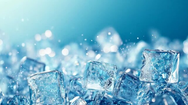 Ice cubes on a background of blue light. The ice is transparent, with lots of small bubbles inside, and it looks very refreshing. The cubes are arranged in a chaotic manner, creating a feeling of cool