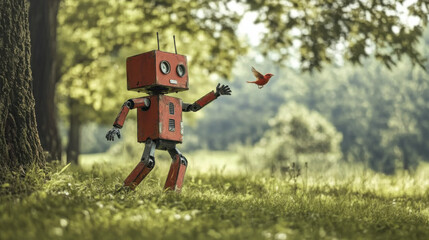A charming vintage robot reaching out to a small bird in a lush, sunlit forest, evoking themes of curiosity and friendship.