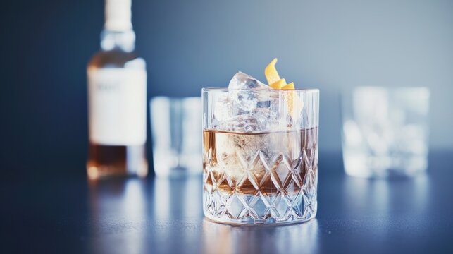 Exploring the artistry of non alcoholic cocktails in a moody setting featuring an alcohol free old fashioned and botanical infused whiskey