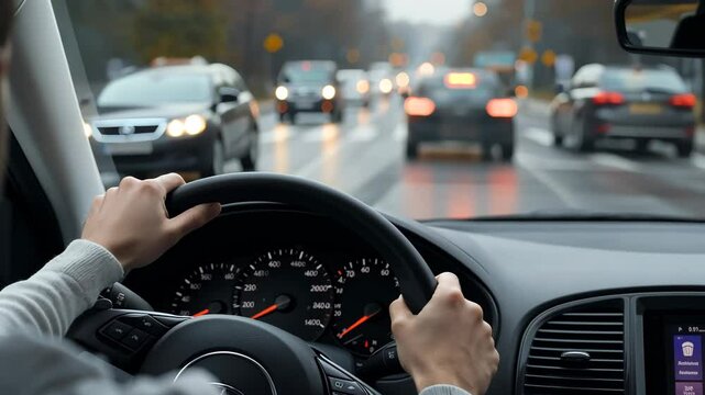 Student driver practicing defensive driving on a busy street