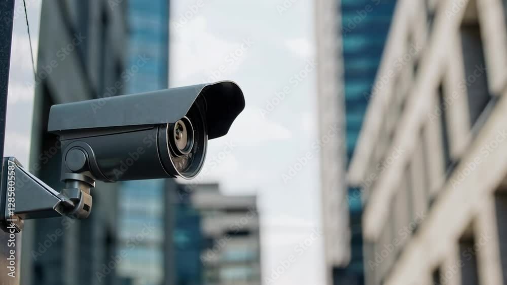 Poster security camera gliding smoothly across building facade, capturing urban environment with blurred ci