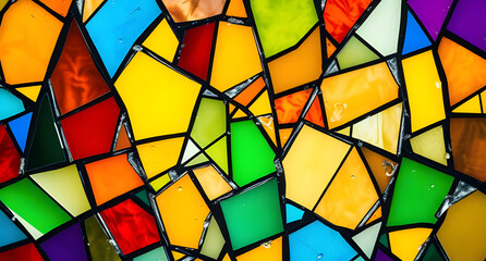 Close-up of a shattered stained-glass window background. Vibrant colors breaking into sharp fragments