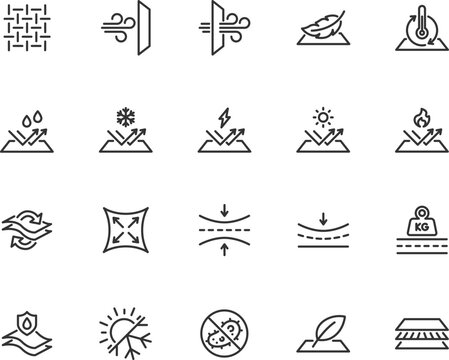 Vector set of fabric properties line icons. Contains icons waterproof, breathable, elastic, antistatic, windproof, soft and more. Pixel perfect.