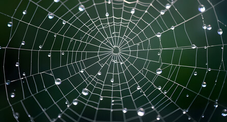 Obraz premium Close-up of intricate spiderweb with dewdrops background. Tiny prisms of light reflecting in nature’s geometry