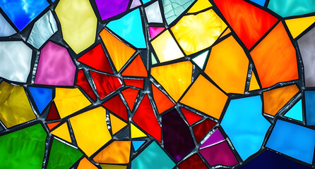 Close-up of a shattered stained-glass window background. Vibrant colors breaking into sharp fragments