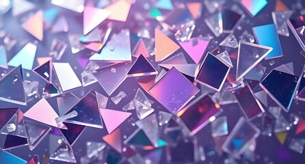 Close-up of shattered holographic glass background. Fragmented light scattering in vibrant hues