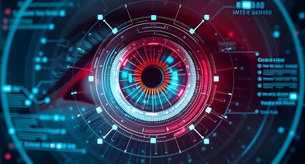 Cybernetic eye HUD interface background. Transparent holographic data circling a futuristic retina