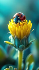 Ladybug perched atop a vibrant yellow flower bud, set against a teal backdrop. Close-up macro shot showcasing intricate details.
