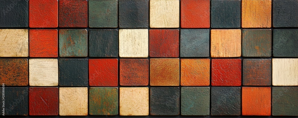 Poster colorful square wooden tiles arranged in a grid pattern