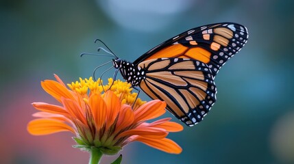Fototapeta premium Monarch butterfly on orange flower, soft focus background