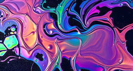 Fototapeta premium Colorful oil spill background. Rainbow iridescent liquid swirling on black asphalt. Shiny and chaotic