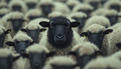 A black sheep stands out among the many white ones