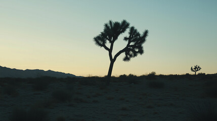 Obraz premium Silhouette of solitary joshua tree in arid desert landscape during sunset.