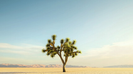 Obraz premium Solitary joshua tree in arid desert landscape on sunny day with blue sky.