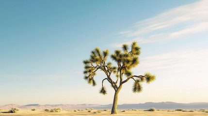 Obraz premium Solitary joshua tree in arid desert landscape on sunny day with blue sky.