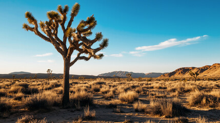 Fototapeta premium Solitary joshua tree in arid landscape with blue sky during golden hour.