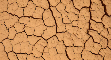 Cracked dry clay texture background. Deep fissures in sun-baked earth, earthy brown tones