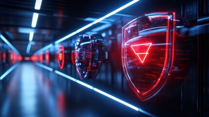 Cybersecurity action display futuristic data center digital concept art neon environment low angle viewpoint high-tech security systems