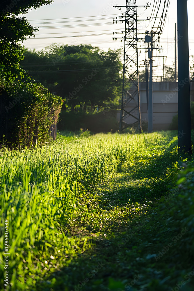 Poster serene nature pathway at sunset with lush greenery and power line backdrop : generative ai