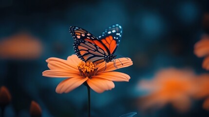 Monarch butterfly rests on orange flower in garden at dusk
