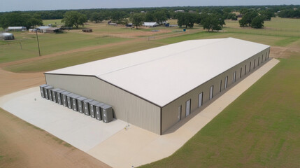 An expansive, modern storage facility in a rural setting, featuring a sleek metal structure and landscaped surroundings.