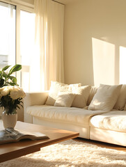Elegant Beige Living Room with Plush White Sofa and Sunlit Ambiance : Generative AI