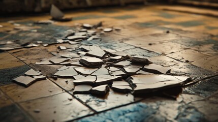 Naklejka premium Shattered Past, A Close-Up of Broken Tiles Reflecting Decay and Neglect