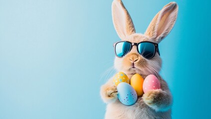 Fototapeta premium Cute white Easter bunny wearing stylish sunglasses, perfect for Easter and spring celebrations