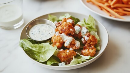 Spicy buffalo cauliflower snack salad with romaine, carrots, and ranch dressing for a bold flavor experience