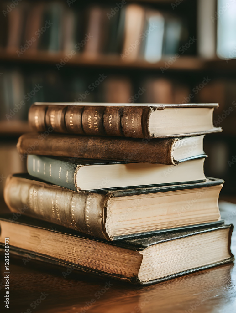 Poster vintage stack of hardcover books on wooden table in library setting : generative ai