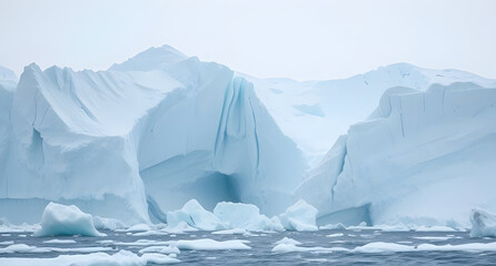 Massive frozen iceberg breaking apart background. Titanic sheets of ice collapsing into frigid waters
