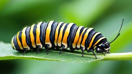 Fototapeta premium Monarch Caterpillar on Leaf, Green Background