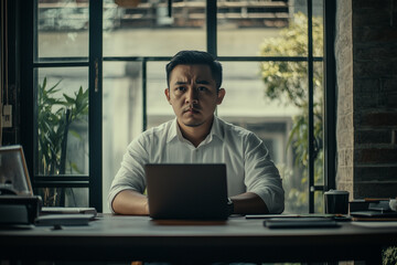 A professional businessman is smiling while working on his laptop at a desk in an office