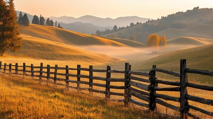 Fototapeta premium A quiet countryside scene with a rustic wooden fence