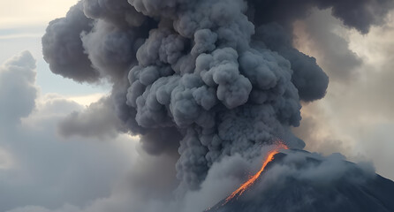 Fototapeta premium Volcanic ash cloud background. Billowing dark smoke, glowing ember sparks