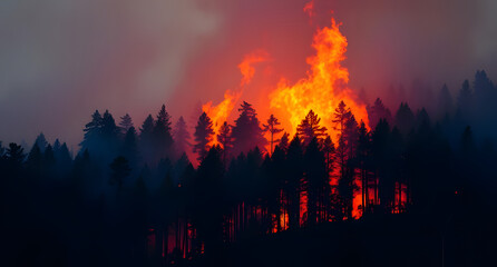 Forest fire with glowing embers rising background. Flames devouring trees under thick smoke